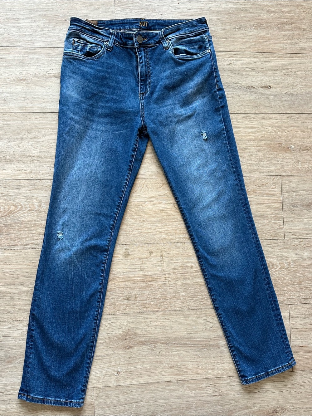Kut from the Kloth High Rise Boyfriend Distressed Straight Leg Blue Jeans